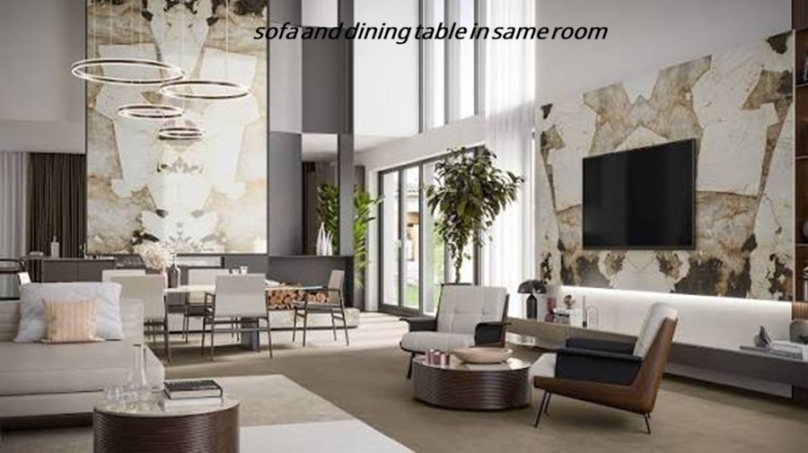 sofa and dining table in same room